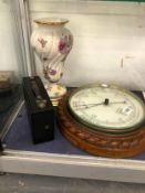 AN OAK CASED ANEROID BAROMETER, A BALUSTER VASE AND AN EASTMAN KODAK NO 3 FOLDING BROWNIE CAMERA