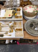 A SOLINGEN GILT METAL CUTLERY SET, FRANCISCAN FLORAL DINNER WARES, VARIOUS PLATTERS AND A SOUP
