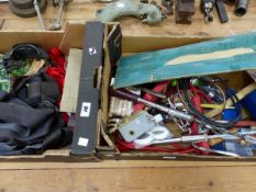 THREE BOXES OF VARIOUS TOOLS, CAR SPARES ETC.