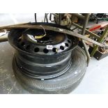 NEW OLD STOCK FORD WHEEL, A FIRESTONE TYRE, AND A JAGUAR MAIN REAR LEAF SPRING 3.4 MRK 2.