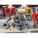 A QUANTITY OF VARIOUS LATHE CHUCKS, MILLING AND CUTTING TOOLS ETC.