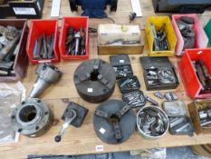 A QUANTITY OF VARIOUS LATHE CHUCKS, MILLING AND CUTTING TOOLS ETC.