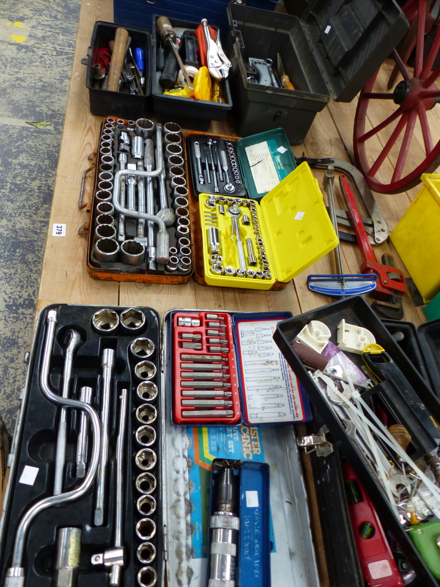A LARGE QUANTITY OF SOCKET SETS AND OTHER TOOLS.