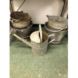 VARIOUS GALVANIZED BUCKETS AND A WATERING CAN.