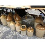 VARIOUS VINTAGE STONEWARE FLAGONS, JARS AND A GLASS CARBOY.