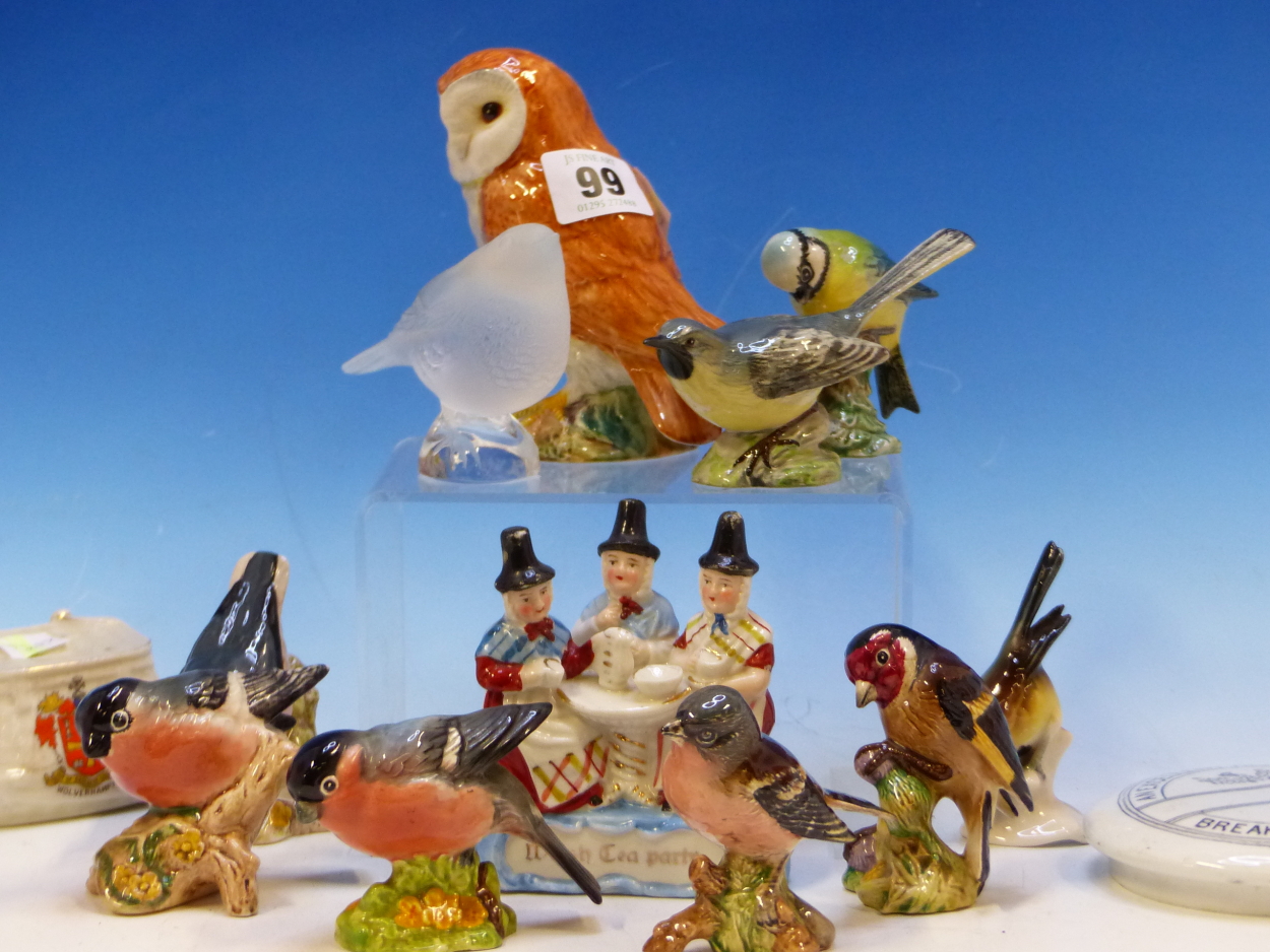 EIGHT BESWICK BIRD FIGURES, TWO OTHERS, A POT LID, WILTON CREEL AND A WELSH TEA PARTY GROUP