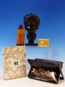 A CHINESE LACQUER VISITING CARD CASE, A TREEN SNUFF BOTTLE, A CARVED IVORY NAPKIN RING, A SOUTH