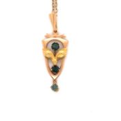 A RUSSIAN SOVIET GOLD AND GEMSET PENDANT, STAMPED 583, SUSPENDED ON A 9ct GOLD TRACE CHAIN. CHAIN