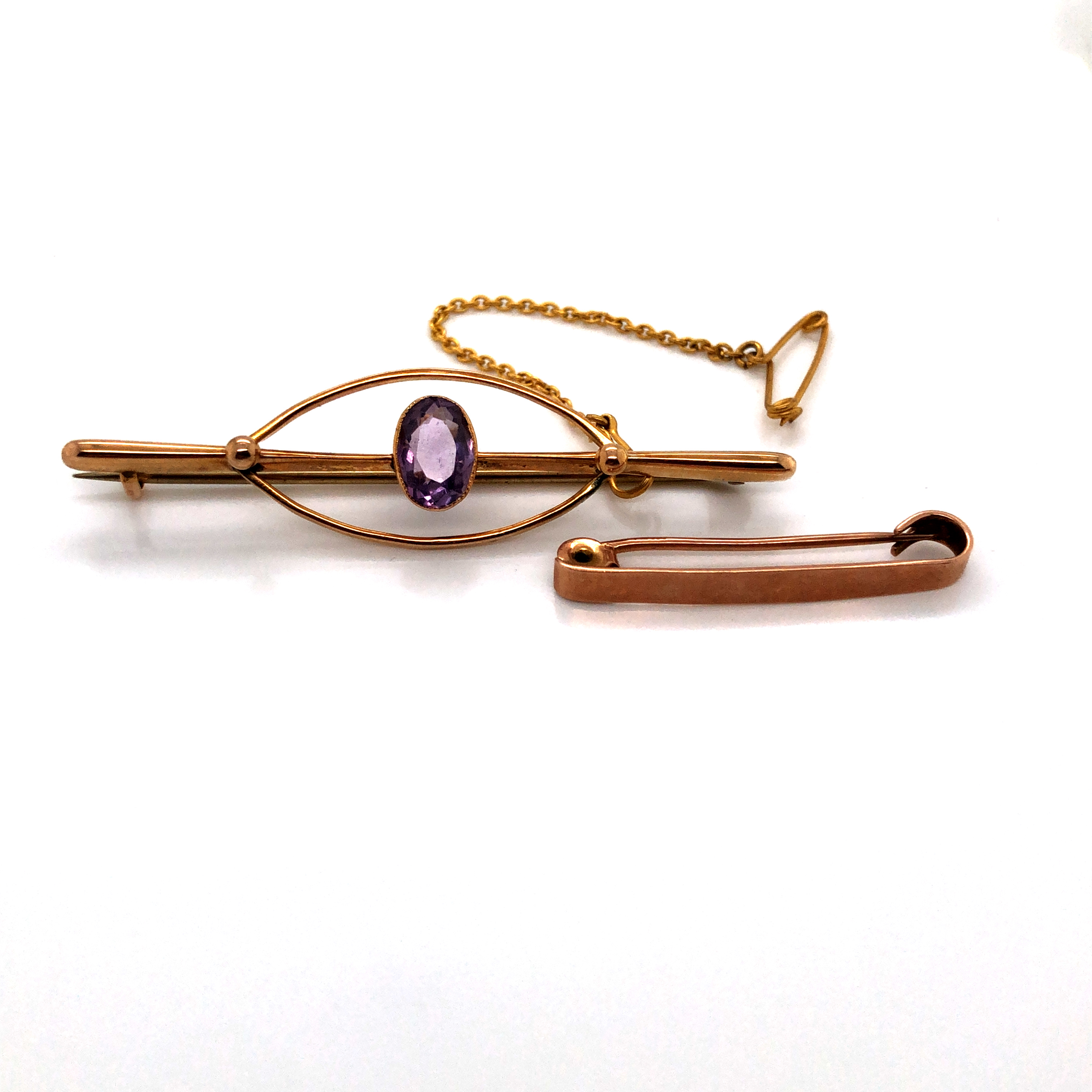 A 9ct GOLD ANTIQUE BAR BROOCH, TOGETHER WITH A FURTHER ANTIQUE BAR BROOCH, HALLMARKED 1912