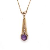 AN ANTIQUE AMETHYST AND PEARL LAVALIER NECKLACE. THE THE PENDANT STAMPED 15ct, CHAIN AND PENDANT