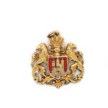 A WATCH FOB CHARM ENAMELLED IN RED ABOUT THE ARMORIAL OF HAMBURG, 585 STAMP, AND ASSESSED AS 14ct.