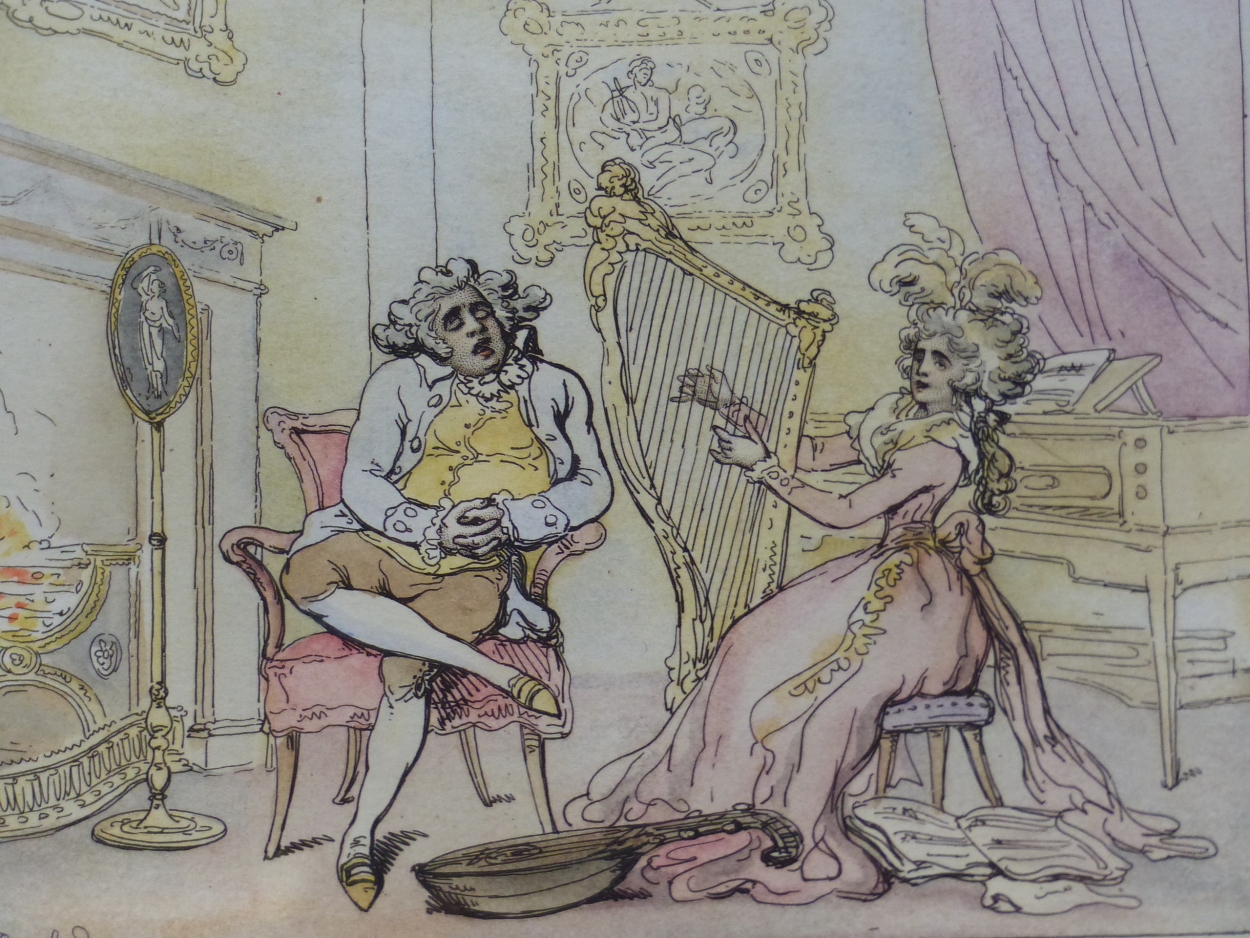 THOMAS ROWLANDSON 1757-1827), THE DULL HUSBAND, THE CARTOON SIGNED IN THE IMAGE AND DATED 1789. 19.5 - Image 2 of 8