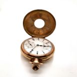 A HALF HUNTER SMALL FOB WATCH, BY A.W.W.CO, WALTHAM MASS. THE CASE UNMARKED AND ASSESSED AS 10ct.