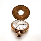 A HALF HUNTER SMALL FOB WATCH, BY A.W.W.CO, WALTHAM MASS. THE CASE UNMARKED AND ASSESSED AS 10ct.