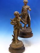 AFTER EMILE BRUCHON (1806-95), A PAIR OF SPELTER FIGURES OF A BOY WITH A BIRDS NEST AND A GIRL