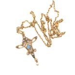 AN ART NOUVEAU STYLE OPAL AND SEED PEARL PENDANT ON A PAPER LINK CHAIN. THE PENDANT STAMPED 9ct