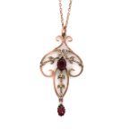 AN ART NOUVEAU STYLE SEED PEARL AND STONE SET PENDANT, STAMPED 9ct AND SUSPENDED ON A ROSE GOLD
