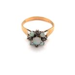 A VINTAGE HALLMARKED 9ct YELLOW GOLD, OPAL AND DIAMOND CLUSTER RING. DATED LONDON, 1976. FINGER SIZE