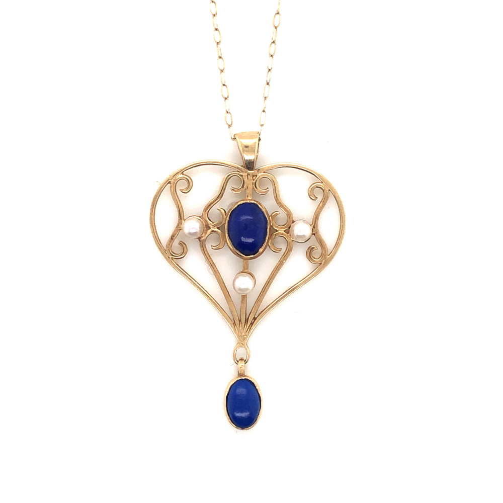 A 9ct GOLD VINTAGE PEARL AND LAPIS LAZULI HEART FORM PENDANT. DATED 1989 LONDON. CHAIN LENGTH 50cms. - Image 3 of 3