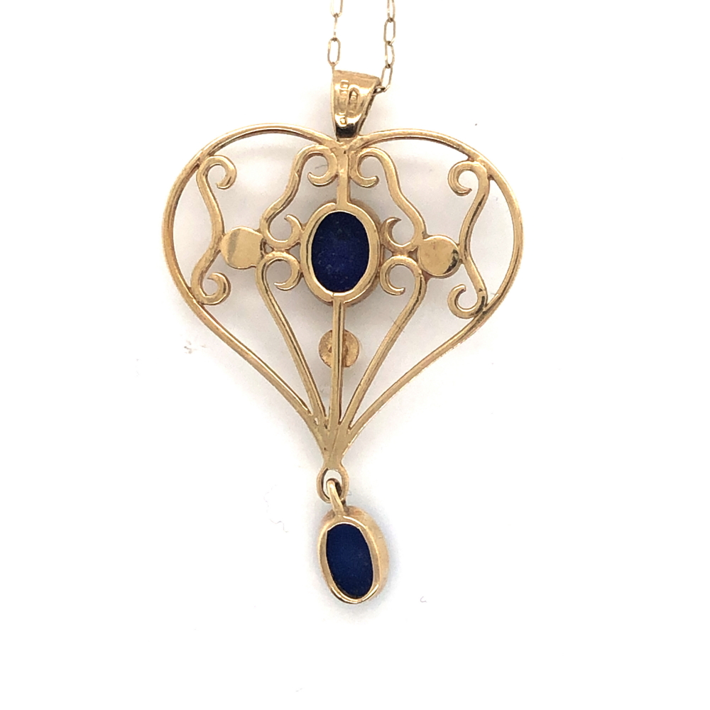 A 9ct GOLD VINTAGE PEARL AND LAPIS LAZULI HEART FORM PENDANT. DATED 1989 LONDON. CHAIN LENGTH 50cms. - Image 2 of 3