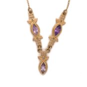 A 9ct GOLD AMETHYST, RENNIE MACKINTOSH STYLE PANEL NECKLACE. LENGTH 47.5cms. WEIGHT 6.5grms.