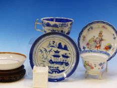A CHINESE EXPORT TEA BOWL AND SAUCER, A FAMILLE ROSE SAUCERS, A LATER BLUE AND WHITE CUP AND