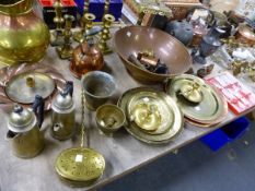 BRASS AND COPPER WARES, KITCHEN SCALES, BRASS AND GLASS LIGHTING, AN IRON TRIVET AND ELECTROPLATE