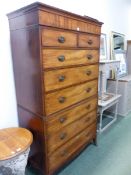 A LATE GEORGIAN MAHOGANY TALLBOY CHEST ON CHEST WITH TWO SHORT AND SIX LONG DRAWERS ON SPLAYED