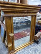 A LARGE GILT OVER MANTLE MIRROR.