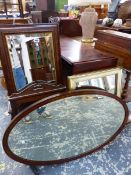 A LARGE EDWARDIAN INLAID OVAL MIRROR AND VARIOUS OTHERS.