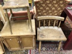 A RUSTIC OAK CURVED BACK STOOL, ANOTHER STOOL, A BEDSIDE CABINET, FOUR MIRRORS AND A PINE TWO