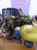 A COOKBOOK STAND, KITCHEN SCALES, DOOR STOPS ETC.