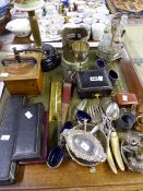 VARIOUS SILVER PLATED WARES, AN OIL LAMP ETC.