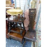 AN OAK SPINNERS CHAIR, TWO STOOLS, AND A LOW SINGLE DRAWER TABLE BASE.