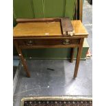 A 19th C. MAHOGANY TEA TABLE, THE RECTANGULAR TOP ABOVE A SINGLE DRAWER AND CANTED SQUARE LEGS