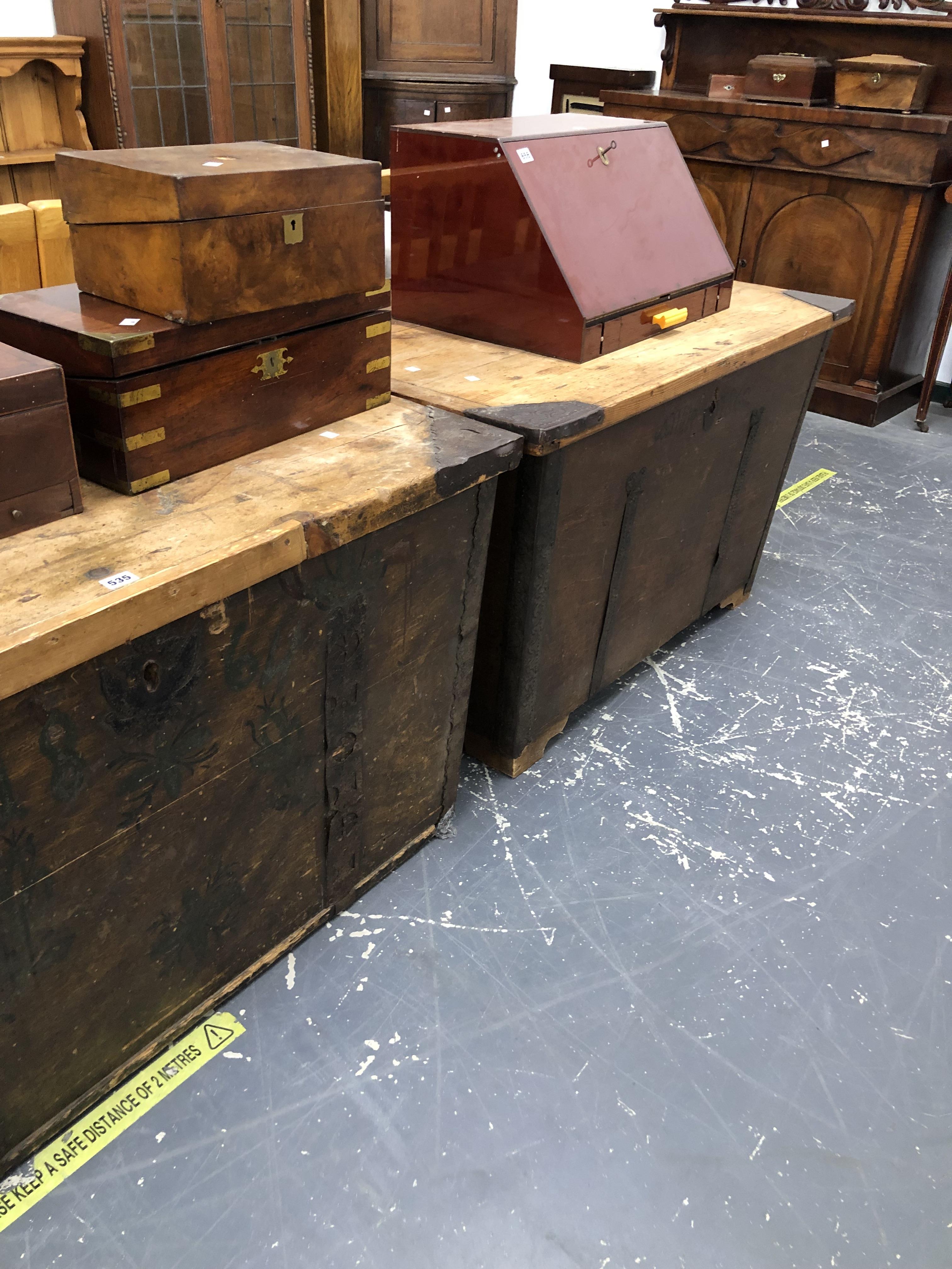 TWO SIMILAR SHEET IRON MOUNTED PINE CHESTS. W 109 x D 73 x H 67cms. - Image 2 of 2