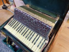 A FRANCHETTI PIANO ACCORDIAN, GUITAR AND MICROPHONE STAND.