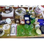 A WEDGWOOD SUSIE COOPER PART COFFEE SET, OTHER CERAMICS, CLOCKS, GREEN DRESSING TABLE GLASS, A