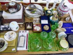 A WEDGWOOD SUSIE COOPER PART COFFEE SET, OTHER CERAMICS, CLOCKS, GREEN DRESSING TABLE GLASS, A