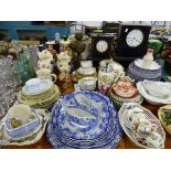 TWO VICTORIAN MANTLE CLOCKS, VARIOUS DINNER WARES AND DECORATIVE CHINA.