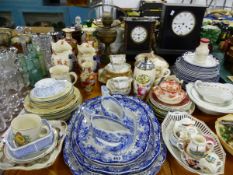 TWO VICTORIAN MANTLE CLOCKS, VARIOUS DINNER WARES AND DECORATIVE CHINA.