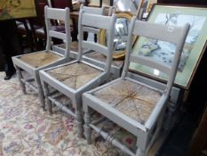 A SET OF SIX 19th C. PAINTED RUSH SEAT COUNTRY SIDE CHAIRS.