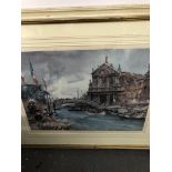 AFTER SIR WILLIAM RUSSELL FLINT A PENCIL SIGNED SIGNED COLOUR PRINT OF A VENETIAN CANAL. 49 x 64cms