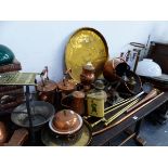 A COLLECTION OF VICTORIAN AND LATER COPPER, BRASS AND METAL WARES, VARIOUS TRAYS, BOOKS ETC.