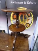 A 19th C. MAHOGANY TWO TIER DUMB WAITER AND A MAHOGANY TORCHER, TOGETHER WITH A CARVED OAK TRIPOD