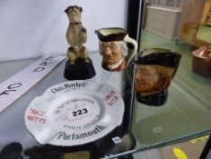 TWO DOULTON CHARACTER JUGS, A BEGGING DOG FIGURE NAMED MIKE AND AN EDWARD VII CHAS. MUMBY ENAMEL