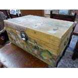 A PAINTED VELUM COVERED ORIENTAL BOX WITH BRASS COMBINATION PADLOCK.