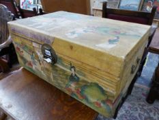 A PAINTED VELUM COVERED ORIENTAL BOX WITH BRASS COMBINATION PADLOCK.