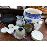 A LARGE BLUE AND WHITE JARDINIERE, AN EARLY QUATREFOIL DISH, A WEDGWOOD BOWL, ETC.