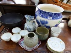 A LARGE BLUE AND WHITE JARDINIERE, AN EARLY QUATREFOIL DISH, A WEDGWOOD BOWL, ETC.